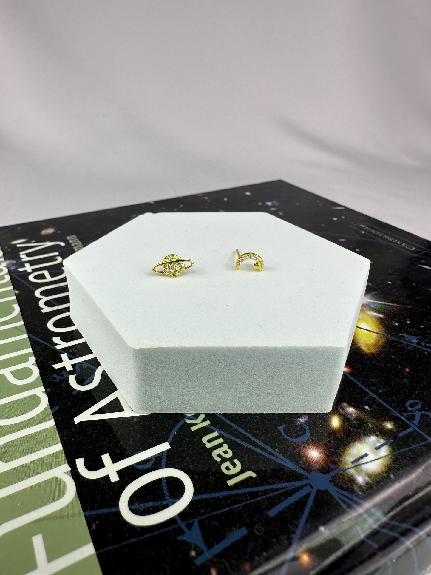 Saturn and Moon Stud Earrings